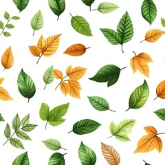 Obraz premium Seamless Pattern of Diverse Fresh Natural Leaves on White Background