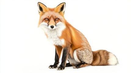 Obraz premium Wildlife Fox, colored pencil drawing isolated on white background, vibrant oranges with soft gradients, emphasizing sly nature and fluffy tail with detailed strokes