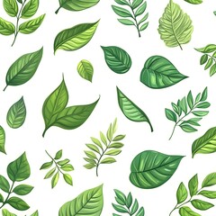 Fototapeta premium Seamless nature pattern with fresh and vibrant various leaves on white background