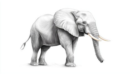 Wildlife Elephant, pencil sketch isolated on white background, fine lines and shading to capture rough textures and gentle curves, emphasizing majestic wildlife icon
