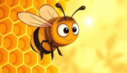 Obraz premium Animated Honeybee Collecting Nectar in Hexagonal Honeycomb
