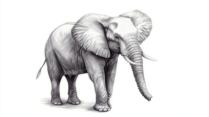 Fototapeta premium Wildlife Elephant, pencil sketch isolated on white background, fine lines and shading to capture rough textures and gentle curves, emphasizing majestic wildlife icon