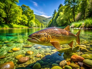 Fototapeta premium A trout lazily swims in a slow-moving stream, its scales glistening in the morning light, surrounded by lush green banks and sunlight-dappled rocks.