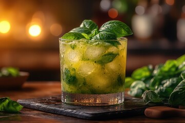 Cocktail Basil Caipirinha bright green colored placed on the right side of the table with fresh basil on the table. Blurred bar with sunlight in the background.