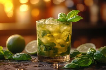 Minty Mojito. Refreshing mojito cocktail with lime and mint on bar cou