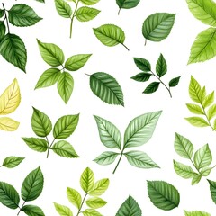 Fototapeta premium Seamless pattern with fresh and vibrant various leaves on clean white background
