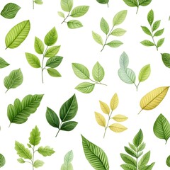 Seamless Natural Leaf Pattern with Vibrant Green Foliage on White Background