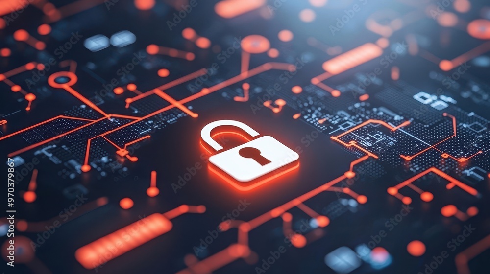 Poster cyber security lock on circuit board with red glow