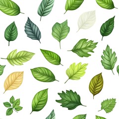 Fototapeta premium Seamless natural pattern with diverse fresh green leaves on plain white background