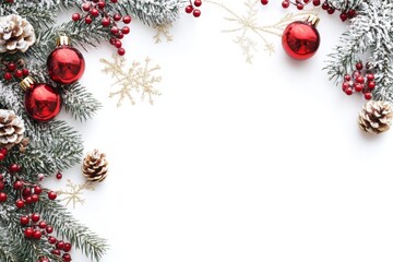 Festive Christmas Border with Red Ornaments, Snow, and Pine Cones