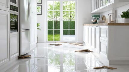 Water Damage in a Modern Kitchen with White Cabinets