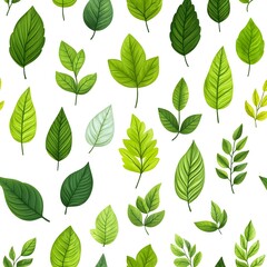 Obraz premium Seamless Pattern of Various Fresh and Vibrant Green Leaves on White Background for Nature Inspired Ecology and Design
