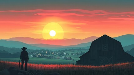 Cowboy by a barn with a town in the distance, flat design, triadic colors, animated sun setting behind the hills, barn scene, animated flat