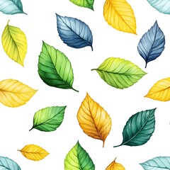 Seamless pattern with fresh and vibrant assorted leaves on clean white background