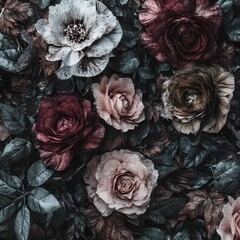 Dark Floral Background with Pink, Red and White Roses