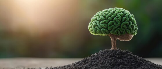 A brain shaped tree growing out of soil, representing new beginnings rooted in knowledge and wisdom