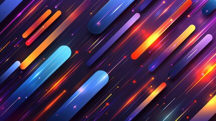 A vibrant abstract design featuring colorful elongated shapes and glowing lines against a dark background.