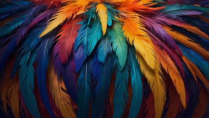 Fototapeta premium Abstract composition of vibrant, colorful feathers arranged in a circular motion