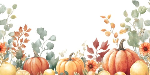 Watercolor Autumn Pumpkins with Greenery, Lemons and Flowers