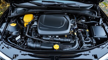 Fototapeta premium Open Car Engine Hood with Black Engine and Yellow Caps