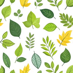 Seamless natural pattern with various fresh green and yellow leaves on white background