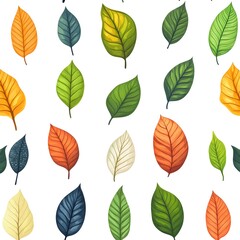 Seamless Botanical Pattern with Diverse  Fresh Leaves on Clean White Background