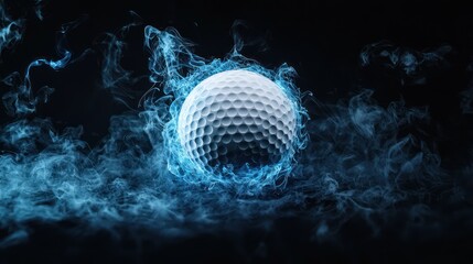 Illuminated Golf Ball: Hyper-Realistic Shot with Blue Flames in Cinematic Lighting