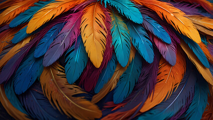 Obraz premium Abstract composition of vibrant, colorful feathers arranged in a circular motion