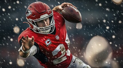 Quarterback throwing a pass in a highly detailed action shot, sharp focus, clear image of football in motion