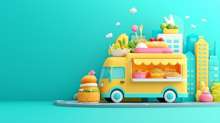 Naklejka premium Colorful food truck with delicious treats against a vibrant city backdrop, perfect for food lovers and street food enthusiasts.