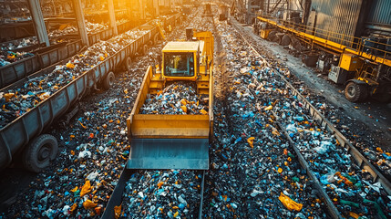 Metal Recycling Yard: A bulldozer maneuvers through mountains of scrap metal, symbolizing industrial strength and the circular economy in action.