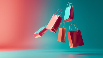 Dynamic 3d vector illustration of flying shopping bags representing the excitement of online shopping, perfect for e-commerce promotions, digital retail campaigns, and creative marketing concepts.