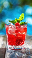 A refreshing red cocktail garnished with mint and a raspberry, served over ice in a crystal glass.