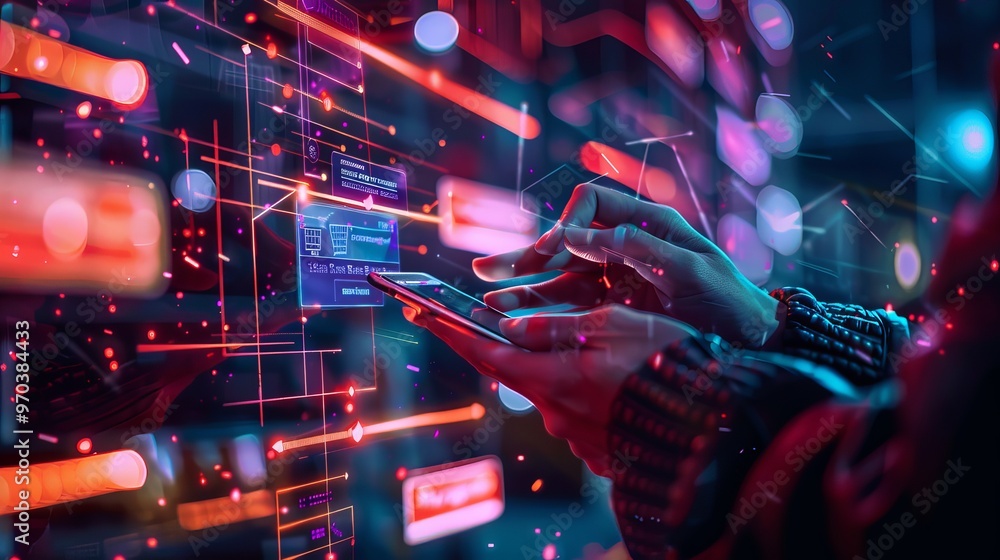Poster futuristic online shopping technology featuring a mobile phone with digital payment interface, repre