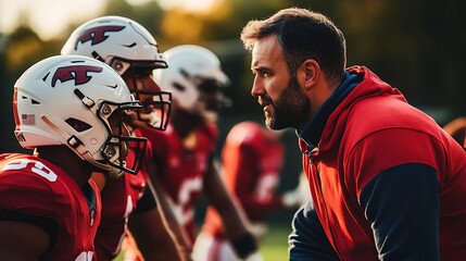 Football coach giving instructions to players, sharp focus on facial expressions and detailed background elements
