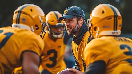 Football coach giving instructions to players, sharp focus on facial expressions and detailed background elements