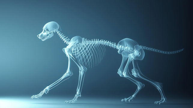 A translucent skeleton of a dog walks across a blue background