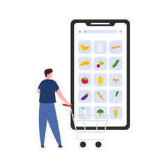Online Grocery & Vegetable Market Men Holding Cart