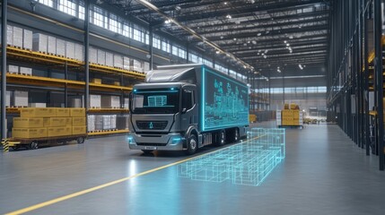 Obraz premium A modern semi-trailer truck with futuristic design features is parked in a warehouse. A blue, digital outline of a pallet is projected onto the floor to indicate where the truck should be parked.