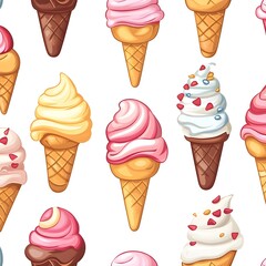 Seamless Pattern with Colorful Ice Cream Treats on White Background