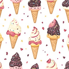 Seamless Ice Cream Pattern with Chocolate Strawberry and Vanilla Cones on White Background