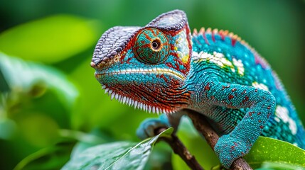 Obraz premium Chameleon Perched on Branch in Lush Greenery