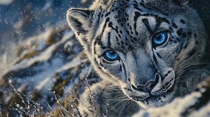 Fototapeta premium Snow Leopard Gazing in Mountain Landscape