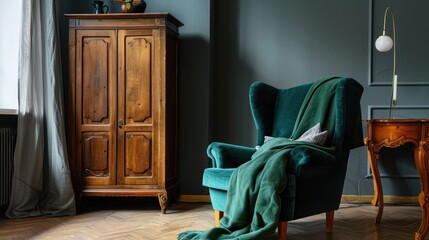 Dark green blanket on sofa and wooden cupboard next to turquoise armchair in living room