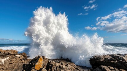 Giant wave crashing, creating an explosive water splash against rocks, Water splash, nature s power, ocean energy