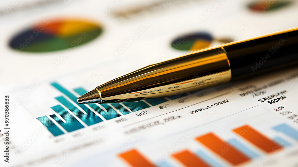 Poster a close up view of pen resting on financial report featuring colorful graphs and charts, illustratin