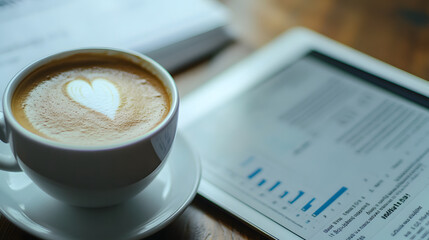 A coffee cup with heart shaped latte art sits beside tablet displaying business plan. warm ambiance creates cozy atmosphere for productivity and creativity
