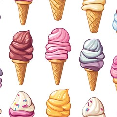 Seamless Patterned Ice Cream Cones in Various Flavors and Toppings on White Background