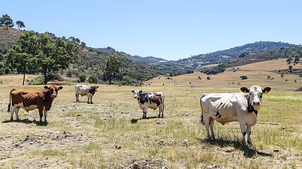 Obraz premium Four cows grazing on an open hillside in a sunny rural landscape.