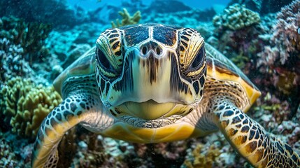 Fototapeta premium Sea Turtle Swimming Near Ocean Floor